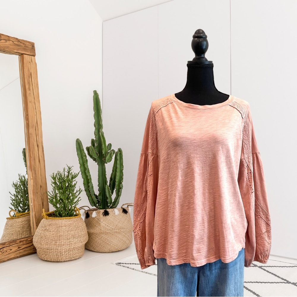 Eri + Ali Eyelet Lace Trim Long Sleeve Top
